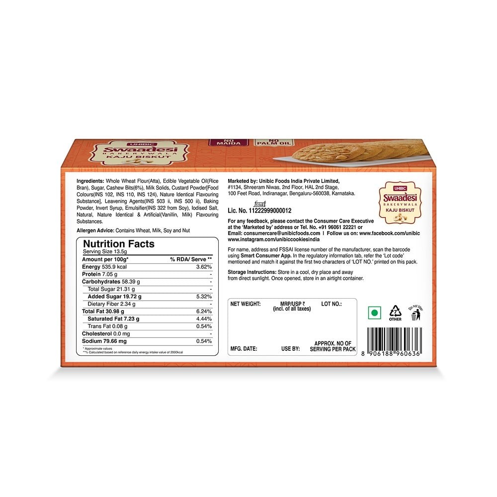 Unibic Swaadesi Kaju Bakery Biscuits - No Maida, No Palm Oil