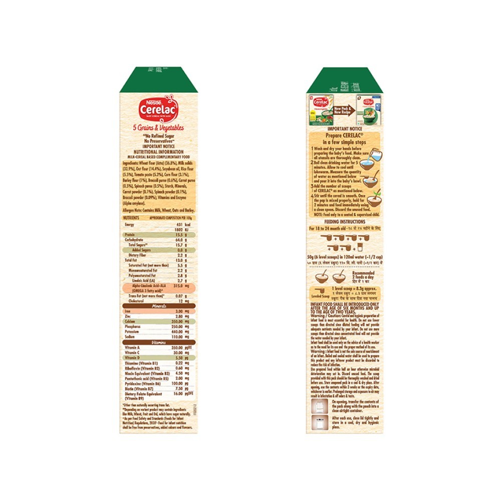 Nestle Cerelac 5 Grains & Vegetables Baby Cereal (No Refined Sugar, 18 - 24 Months)