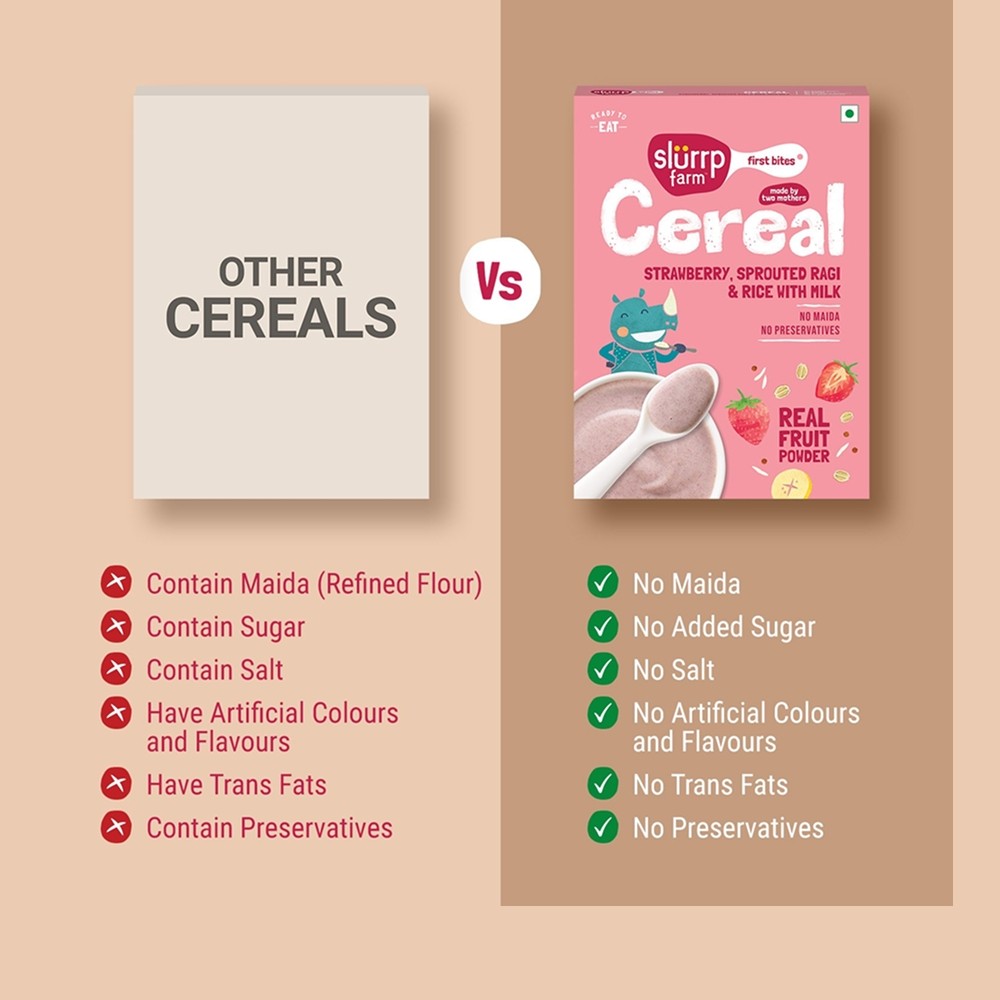 Slurrp Farm First Bites Strawberry, Sprouted Ragi & Rice Baby Cereal with Milk
