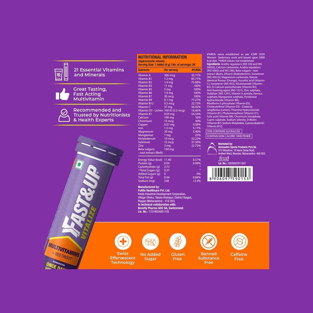 Fast&Up Vitalize Daily Multivitamin Effervescent Tablets for Overall Health - Orange