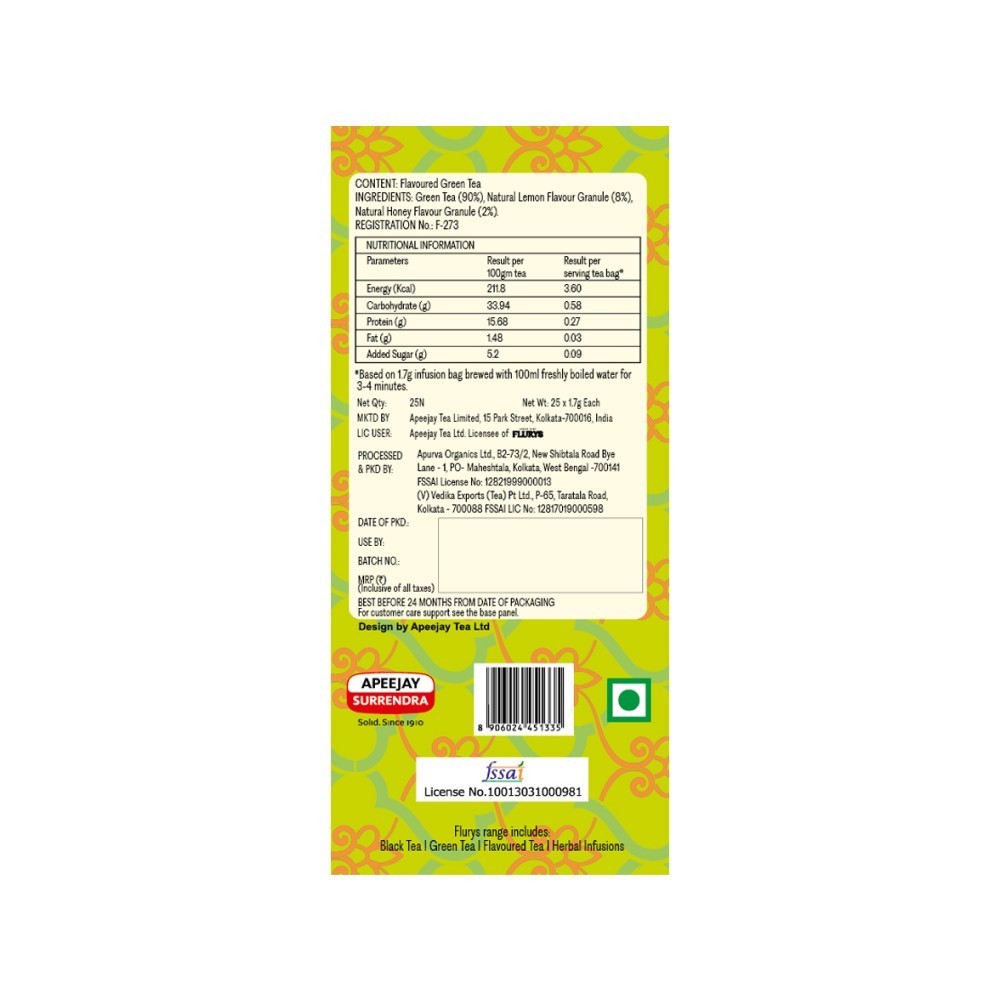 Flurys Lemon And Honey Green Tea Bags