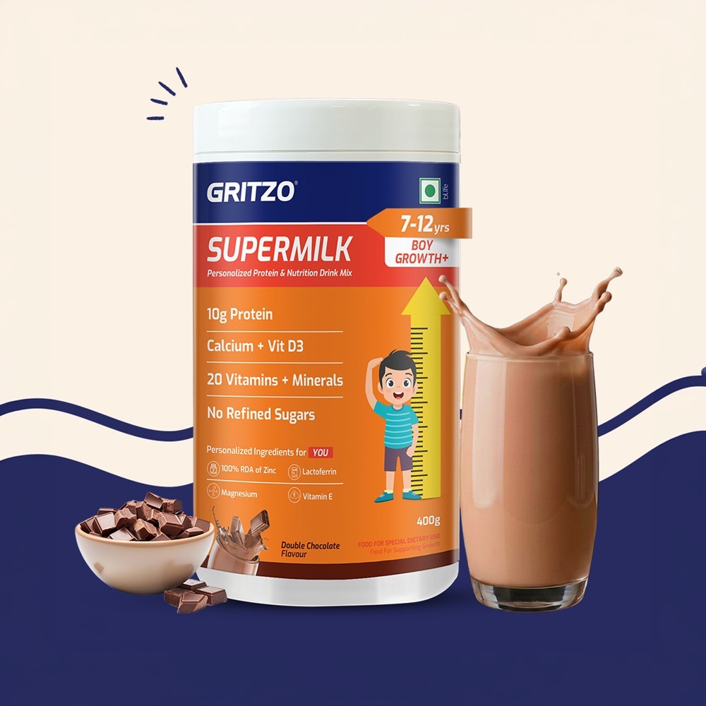 Gritzo SuperMilk Boy Growth+ Drink Mix (7 - 12 years, Double Chocolate)