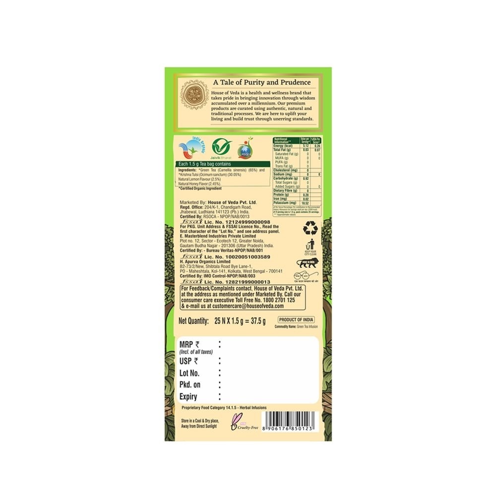 House of Veda Sanjeevini Tulsi Honey Lemon Green Tea Bags