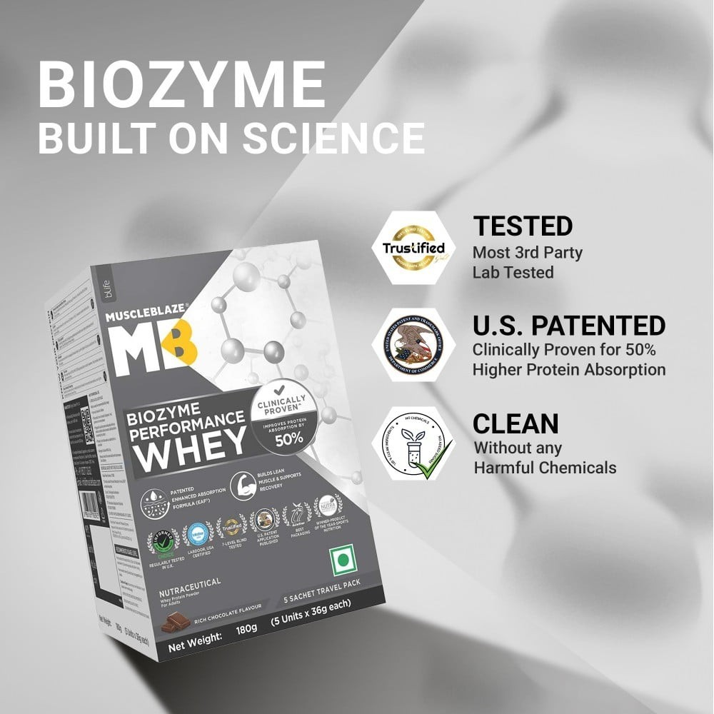 MuscleBlaze Biozyme Performance Whey Protein Powder Sachets (Rich Chocolate)