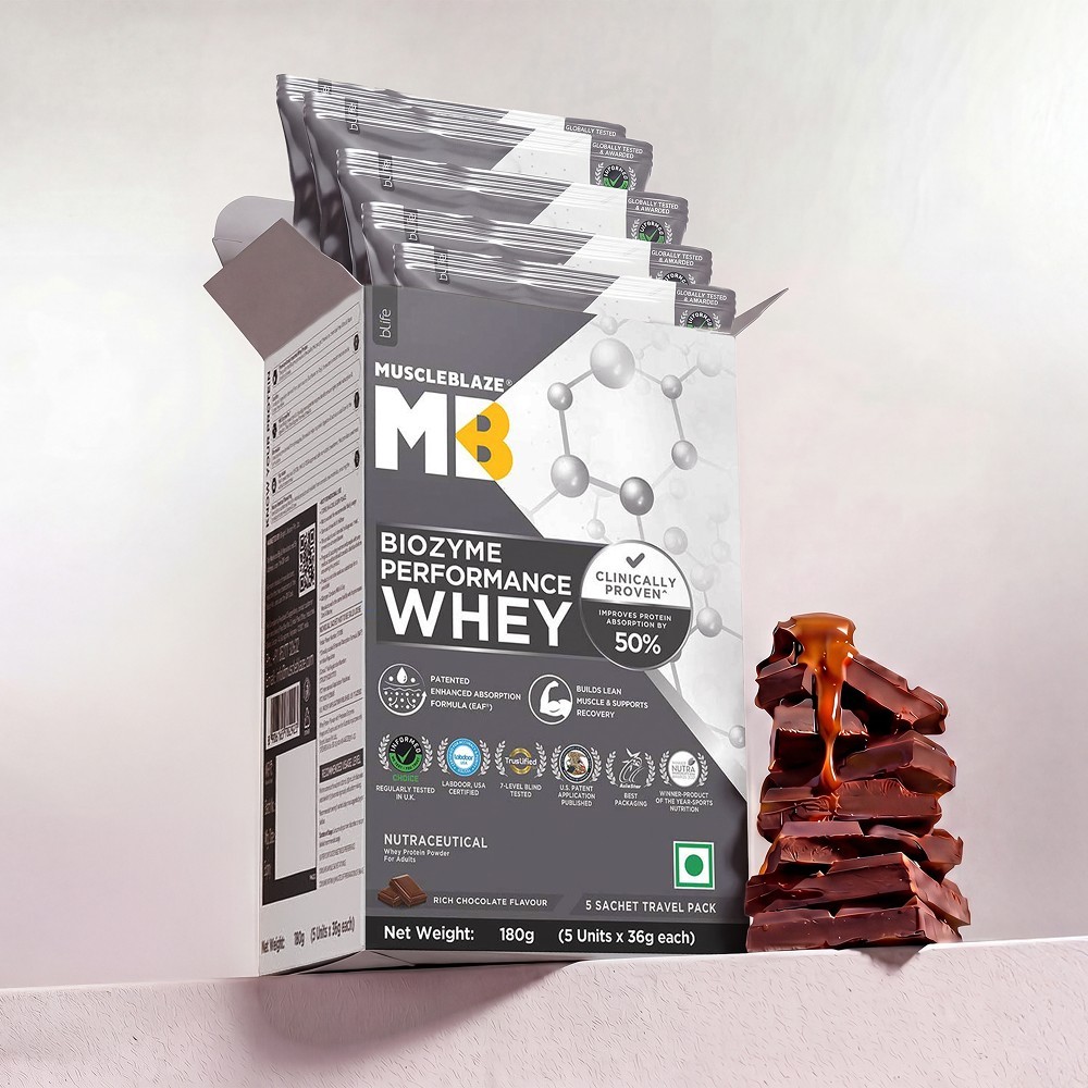 MuscleBlaze Biozyme Performance Whey Protein Powder Sachets (Rich Chocolate)
