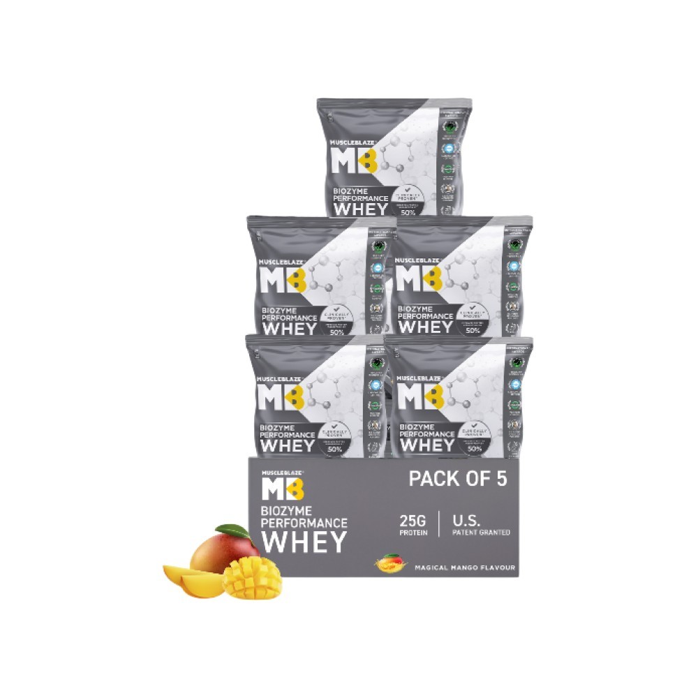 MuscleBlaze Biozyme Performance Whey Protein Sachets (Magical Mango)