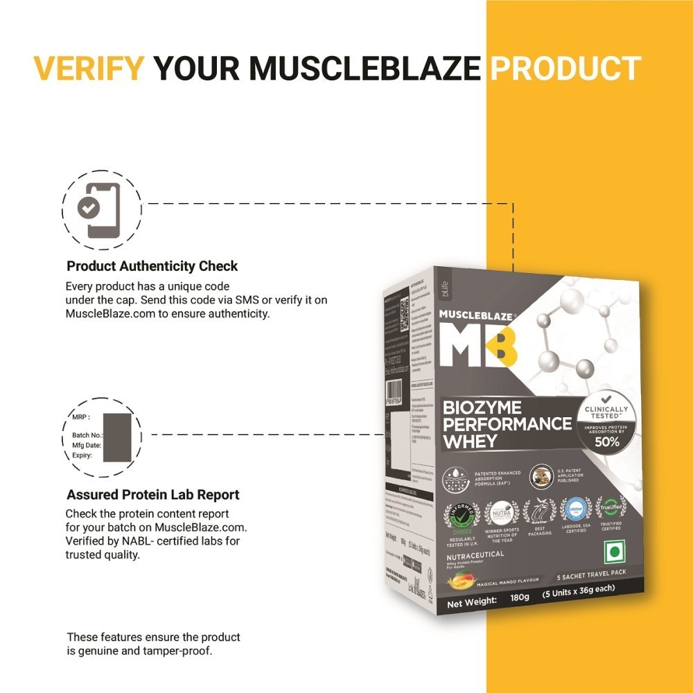 MuscleBlaze Biozyme Performance Whey Protein Sachets (Magical Mango)