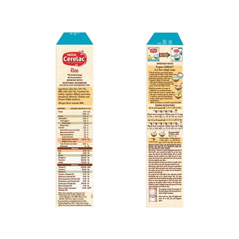 Nestle Cerelac Rice Baby Cereal (No Refined Sugar, 6-24 Months)