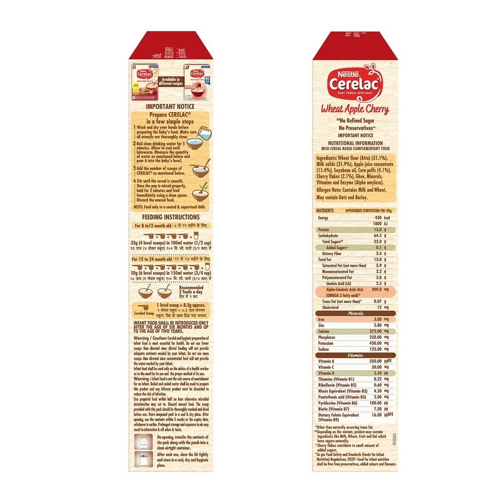Nestle Cerelac Wheat Apple Cherry Baby Cereal (8 to 24 Months, No Refined Sugar)