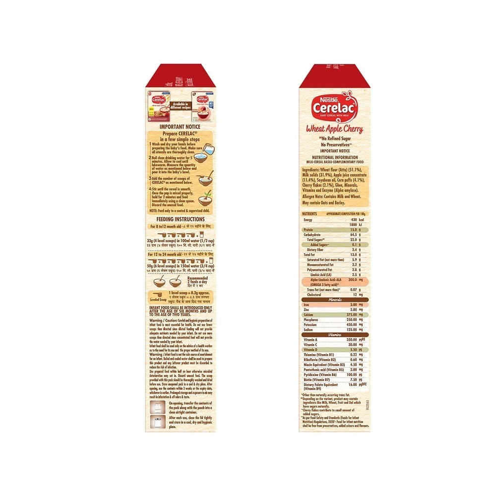 Nestle Cerelac Wheat Apple Cherry Baby Cereal (8 to 24 Months, No Refined Sugar)
