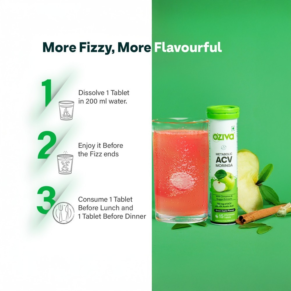 OZiva Moringa Apple Cider Vinegar Effervescent Tablets (Green Apple)