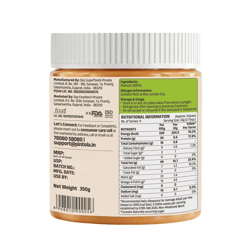 Pintola All Natural Crunchy Peanut Butter (Unsweetened)