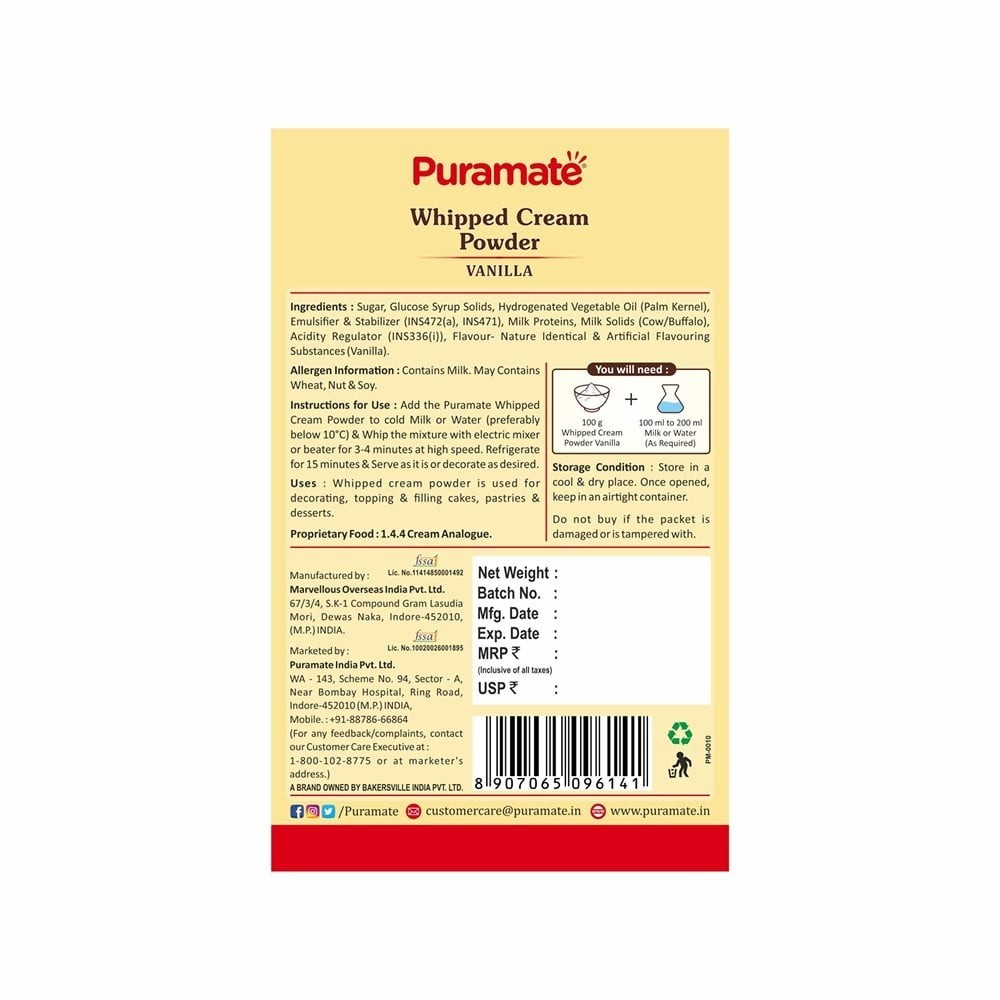 Puramate Vanilla Whipping Cream Powder