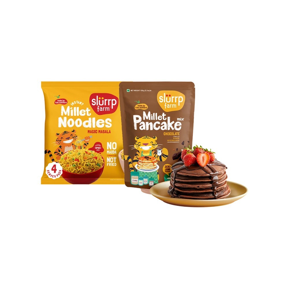 Slurrp Farm Chocolate Pancake Mix + Magic Masala Millet Instant Noodles Combo