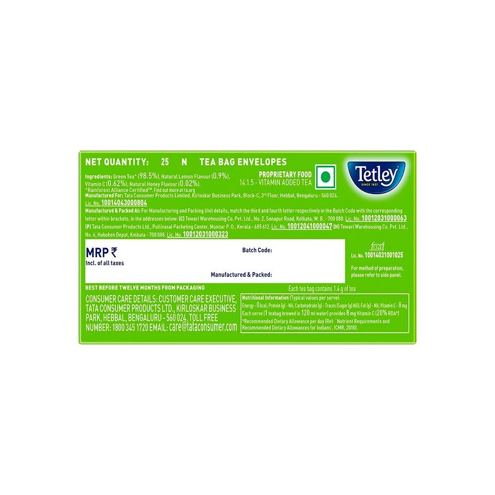 Tetley Lemon & Honey Green Tea Bags