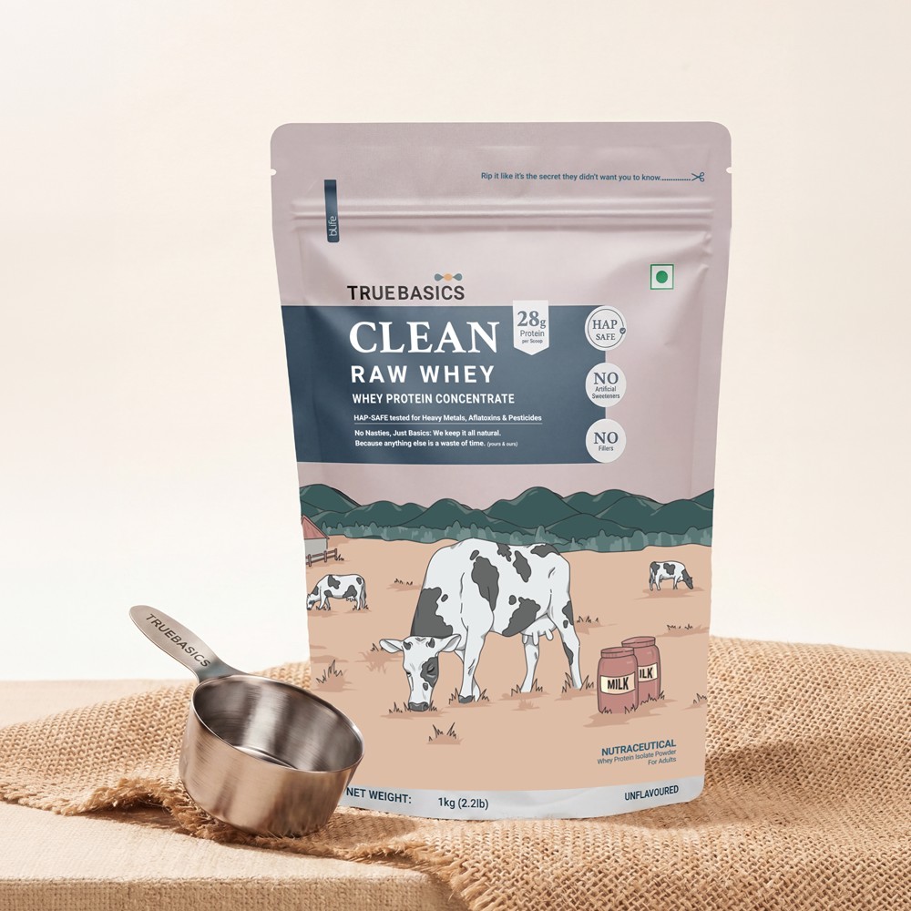 TrueBasics Clean Raw Whey Protein Concentrate Powder (Unflavoured)
