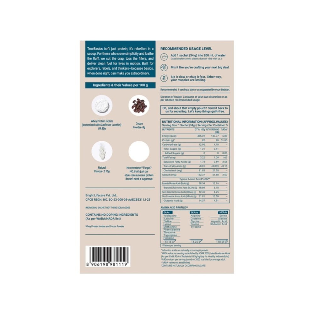 TrueBasics Clean Whey Protein Isolate Powder Sachets (Chocolate)