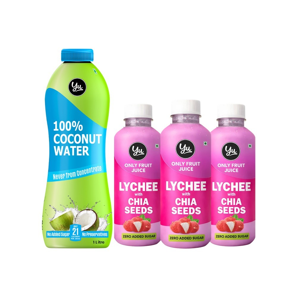 Yu 100% Natural Coconut Water - No Preservative +  Lychee Juice with Chia Seeds Combo