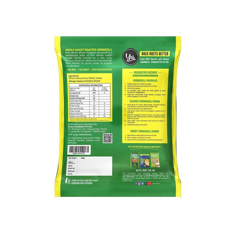 Yu Whole Wheat Roasted Vermicelli +  High Protein Super Rolled Oats Combo