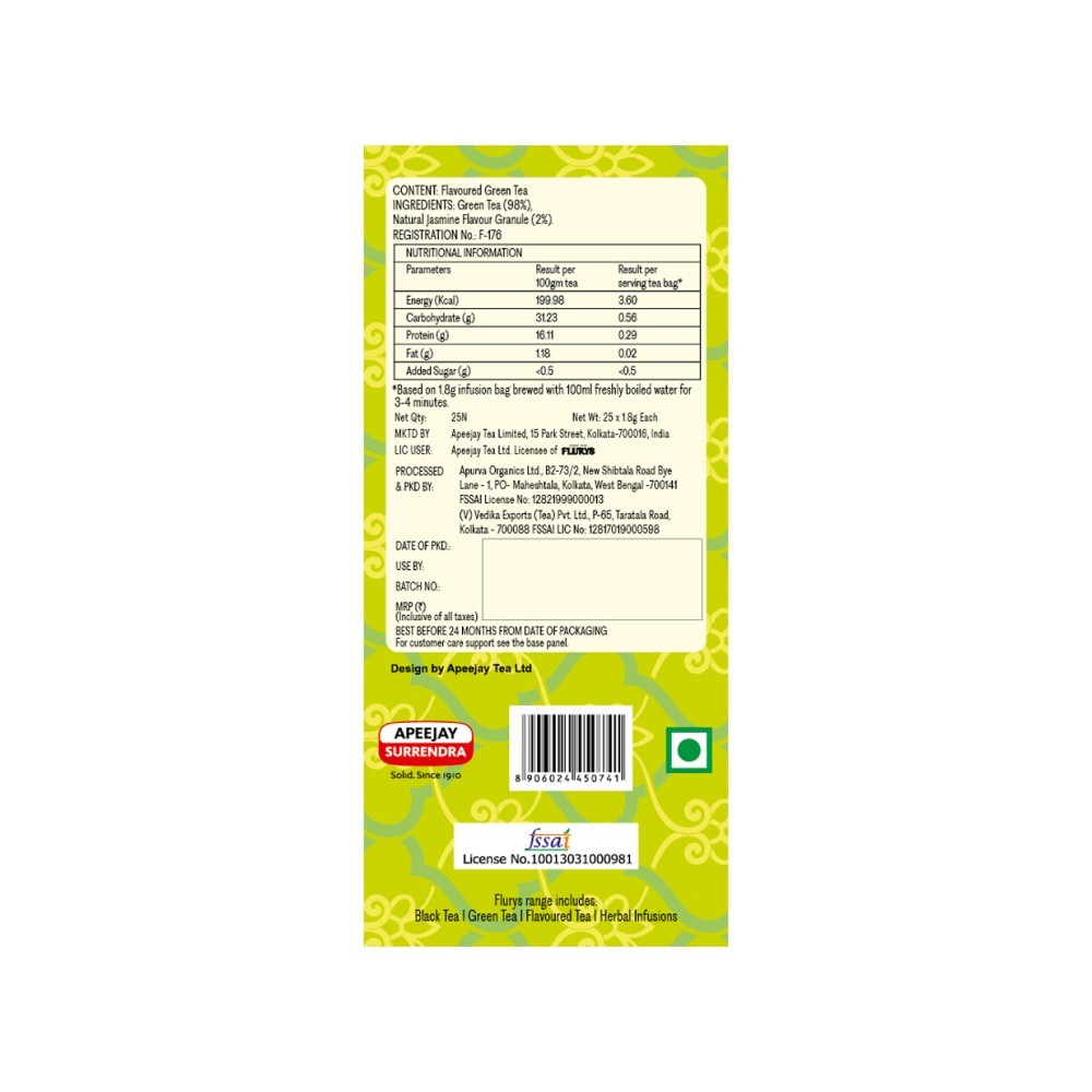 Flurys Jasmine Flavoured Green Tea Bags