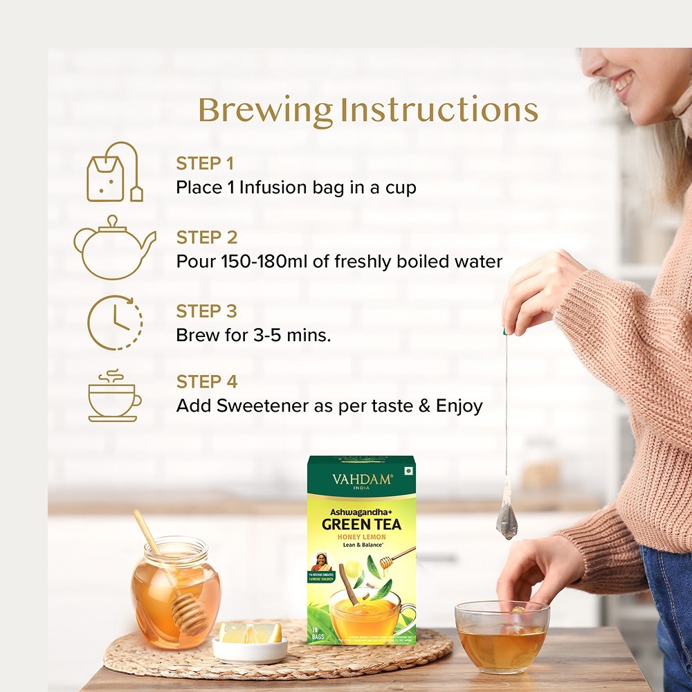 Vahdam Honey Lemon Green Tea Bags with Ashwagandha