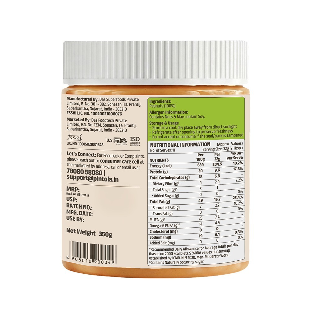 Pintola All Natural Creamy Peanut Butter (Unsweetened)
